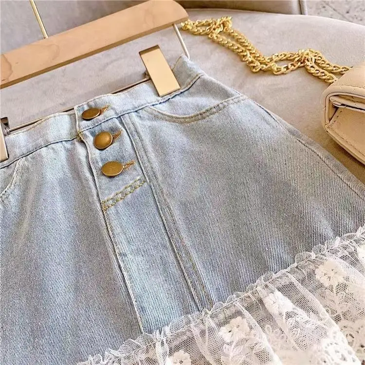 Girls' Lace Step Denim Skirt Blue White — feature 3