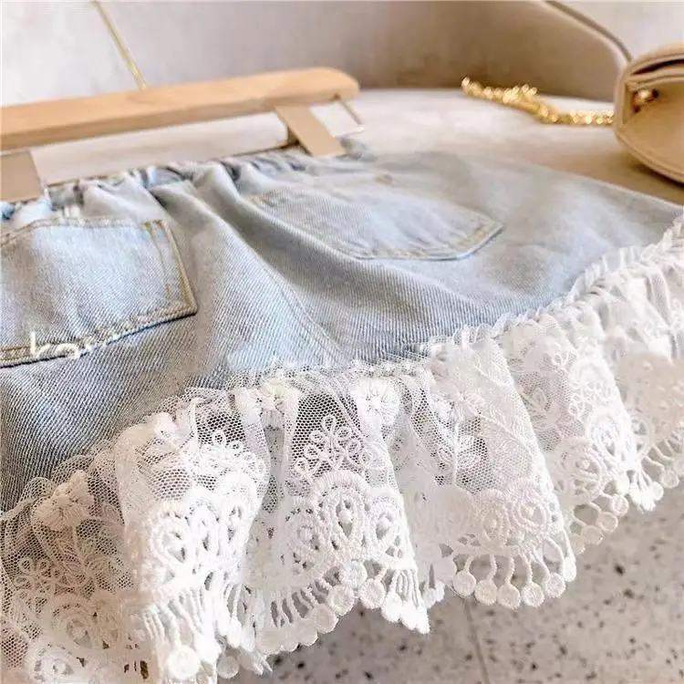 Girls' Lace Step Denim Skirt Blue White — feature 5