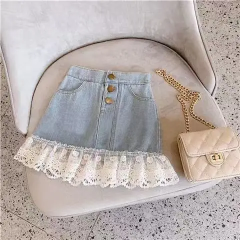 Girls' Lace Step Denim Skirt Blue White — feature 6