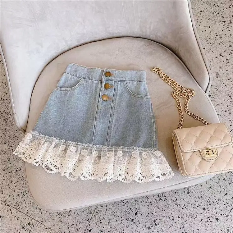 Girls' Lace Step Denim Skirt Blue White — feature 7