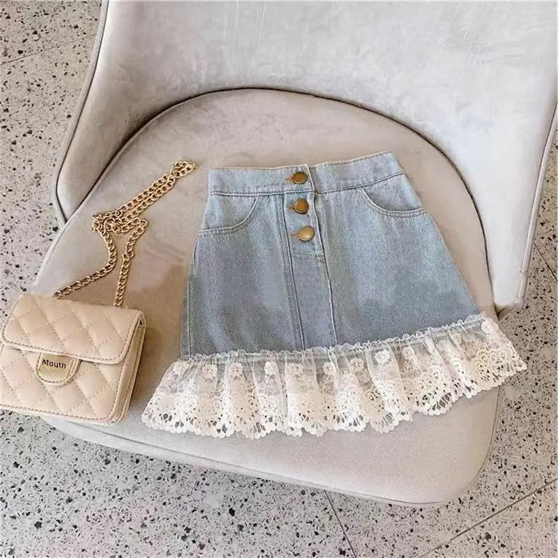 Girls' Lace Step Denim Skirt Blue White - Image 5