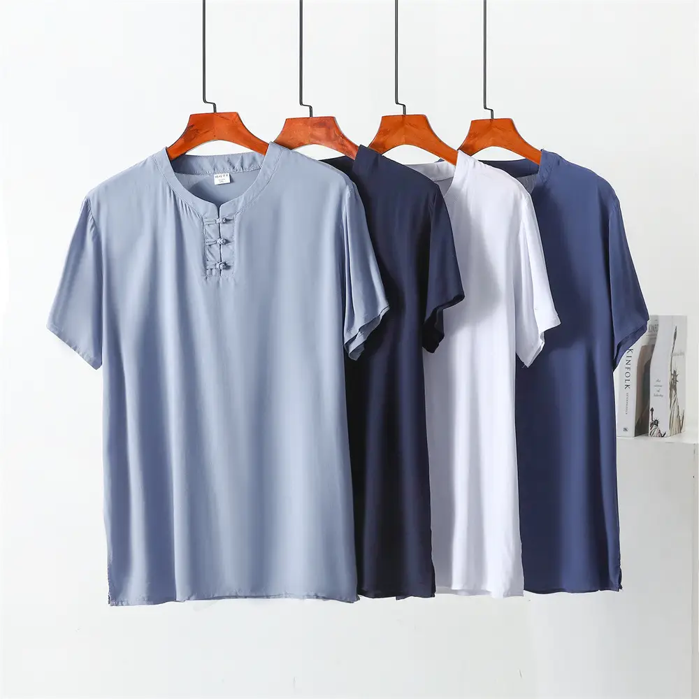 Men Cotton Silk Button T-Shirt Navy Blue Large - Image 6