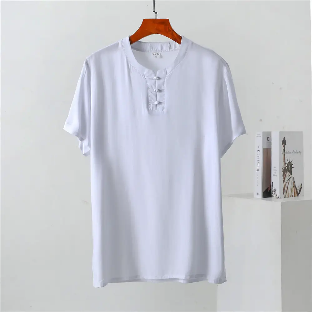 Men Cotton Silk Button T-Shirt Navy Blue Large - Image 5