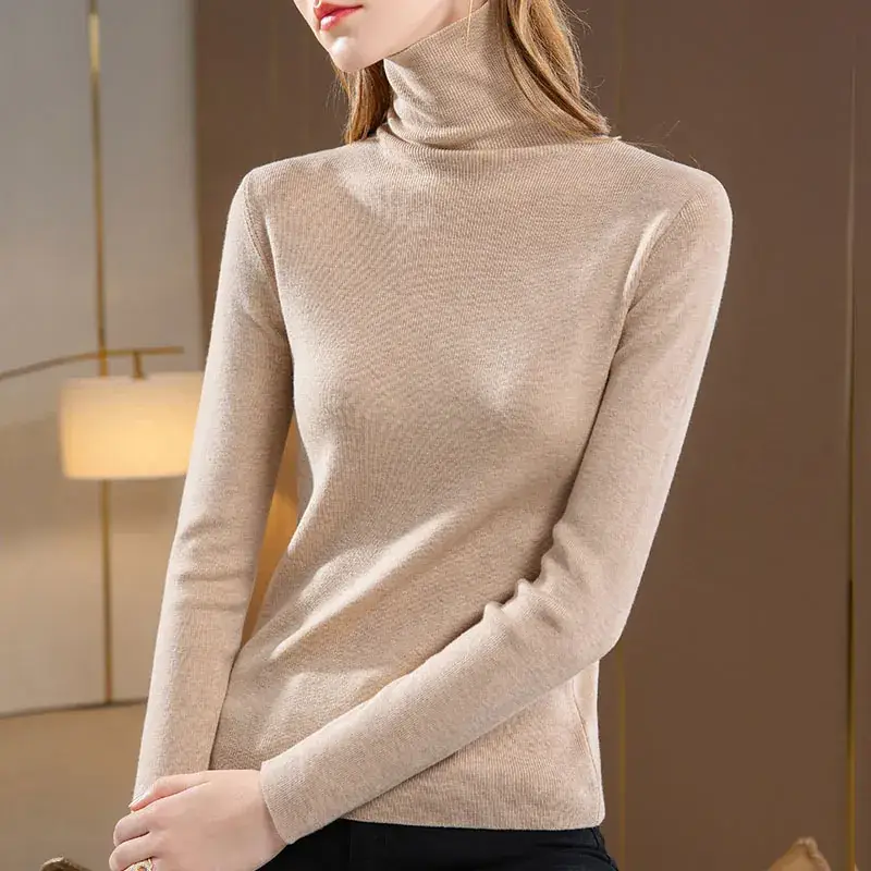 Women's Beige Knitted Turtleneck Sweater 2024 - Image 2