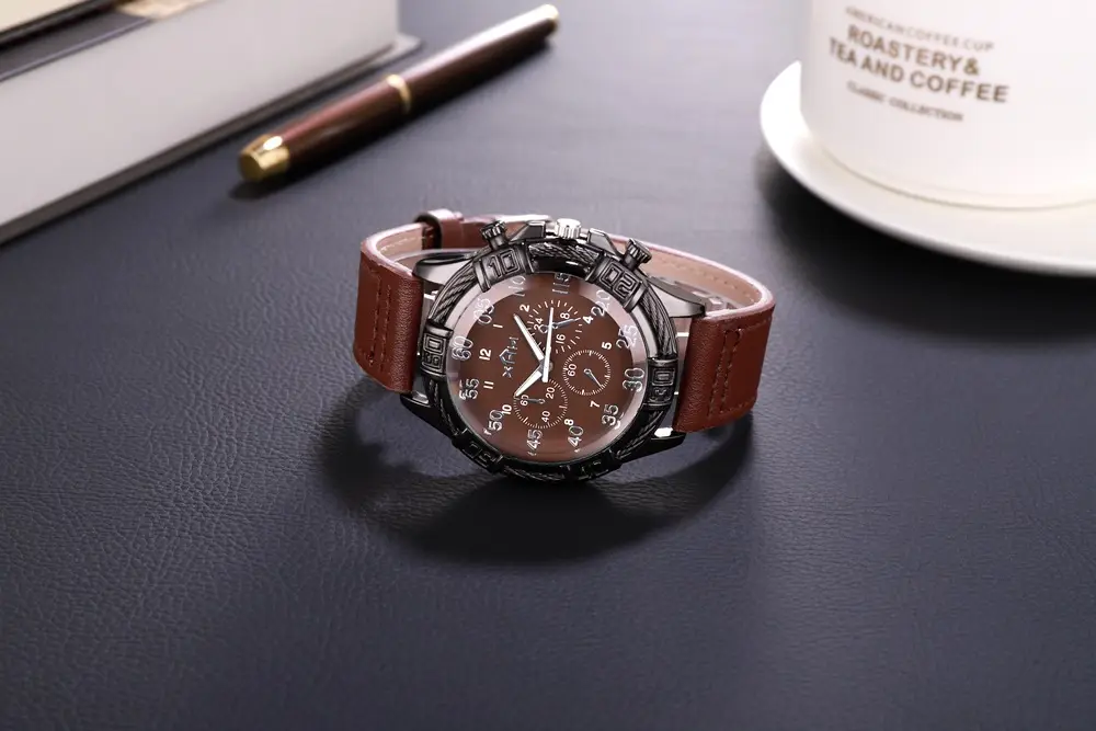 Men's Large Dial Cowboy Watch Brown Leather Belt Quartz — feature 4