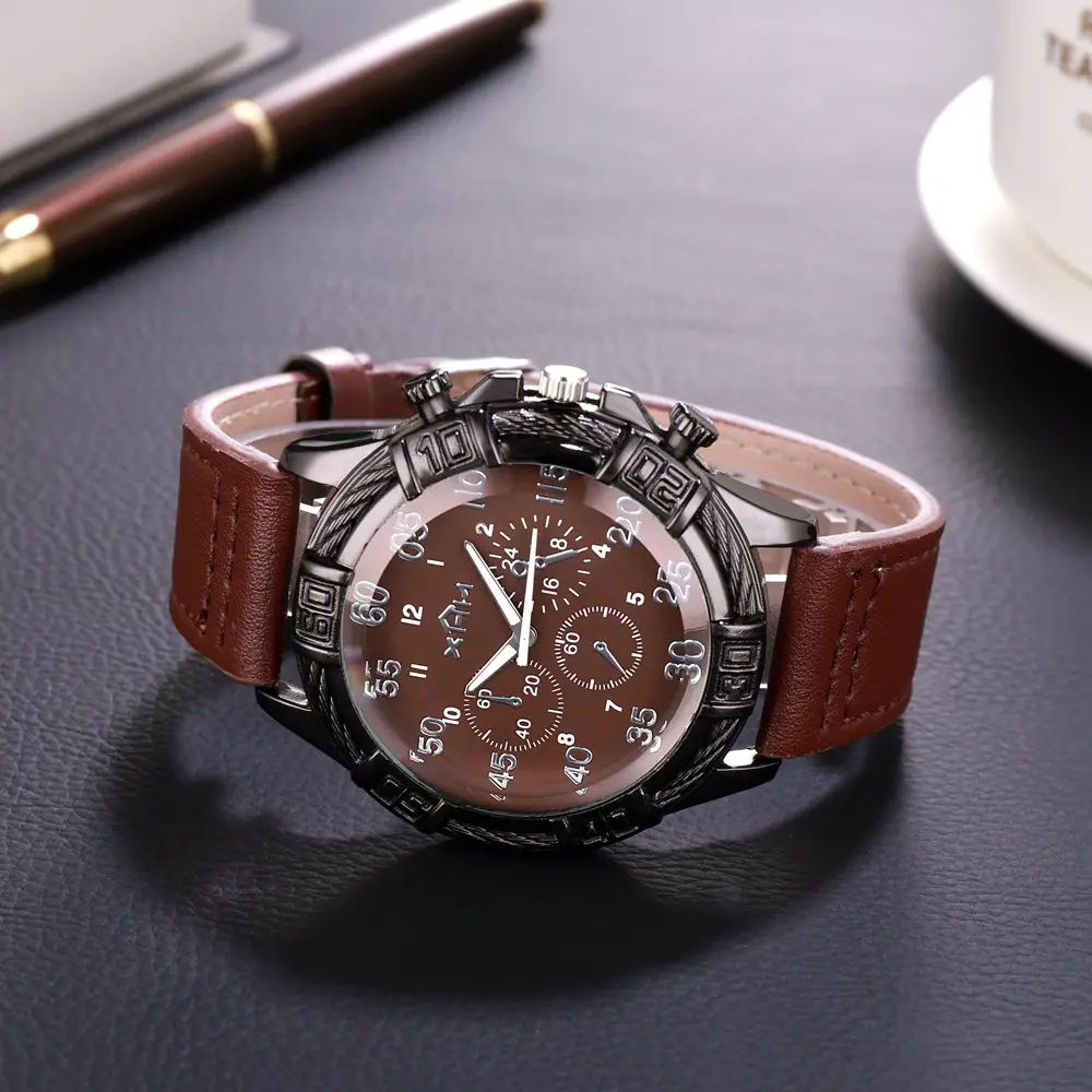 Men's Large Dial Cowboy Watch Brown Leather Belt Quartz - Image 2