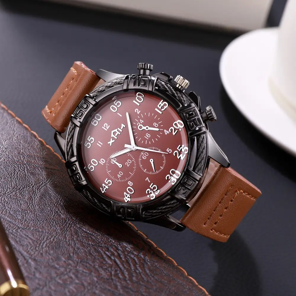 Men's Large Dial Cowboy Watch Brown Leather Belt Quartz - Image 3