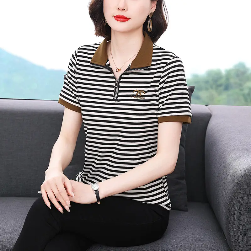 Women Striped Polo Collar Top Large 2023 - Image 5