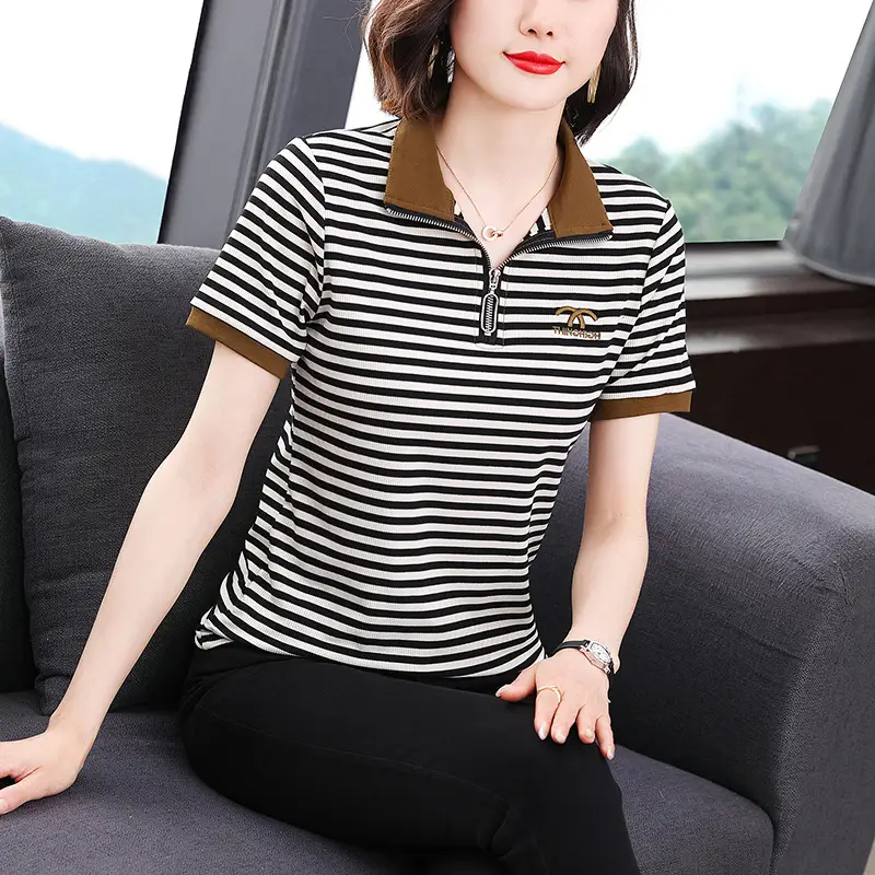 Women Striped Polo Collar Top Large 2023 - Image 6