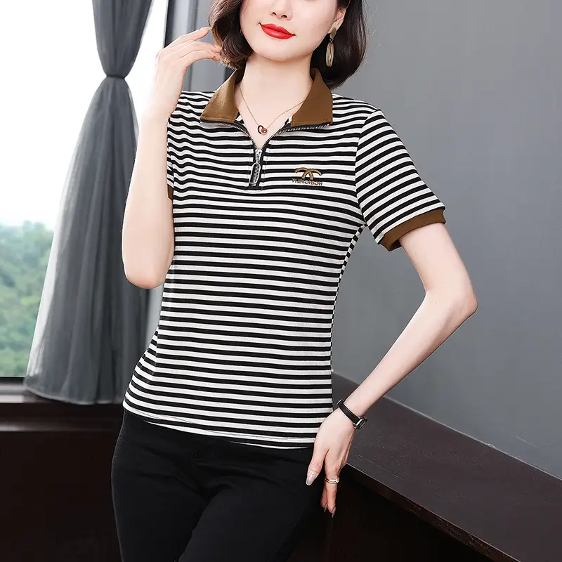 Women Striped Polo Collar Top Large 2023 - Image 8