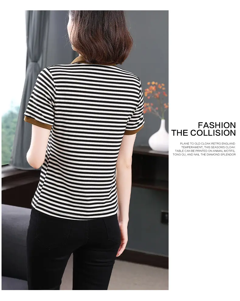 Women Striped Polo Collar Top Large 2023 — feature 10