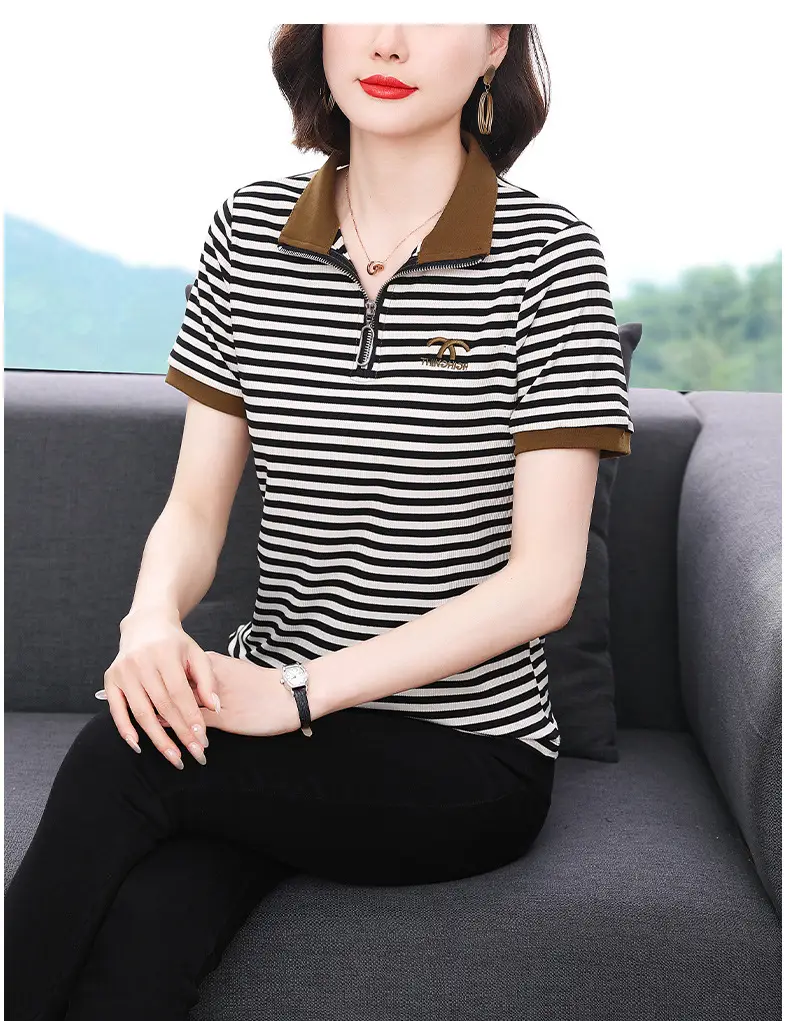 Women Striped Polo Collar Top Large 2023 — feature 11