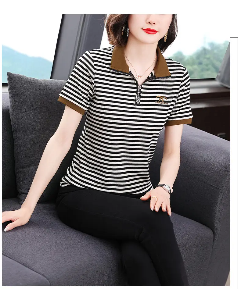 Women Striped Polo Collar Top Large 2023 — feature 12