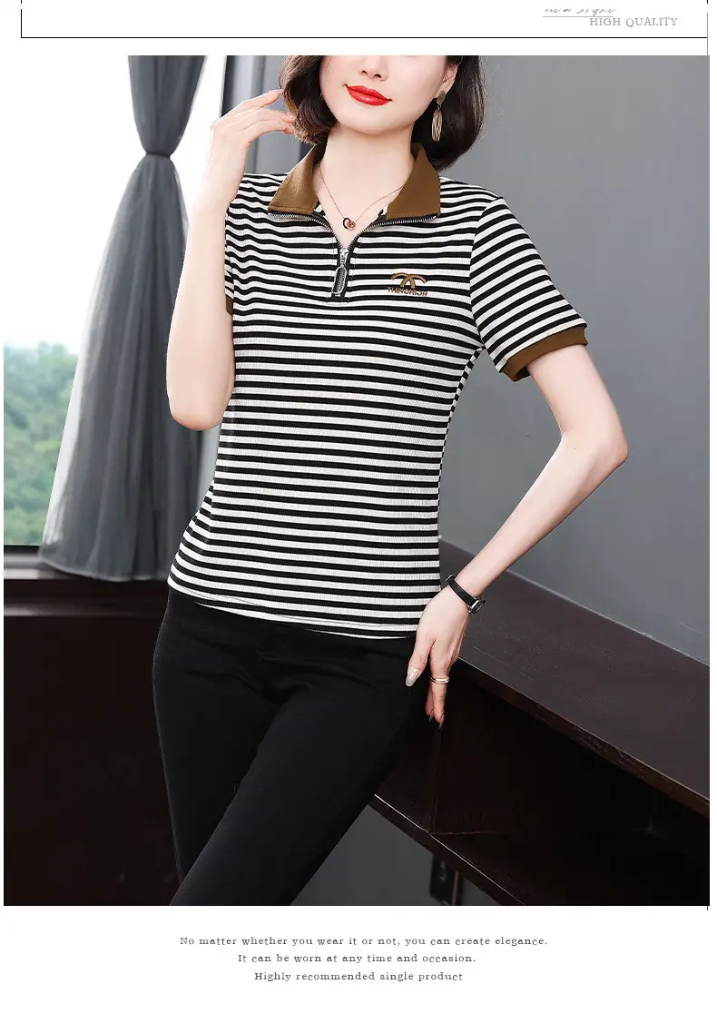 Women Striped Polo Collar Top Large 2023 — feature 13