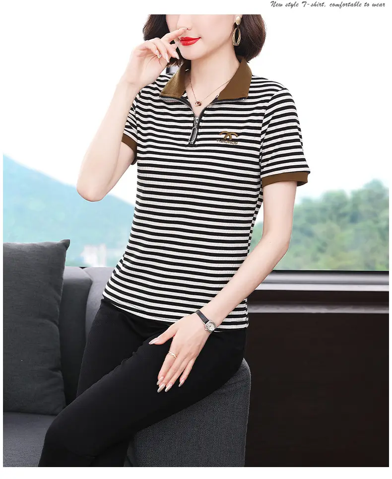 Women Striped Polo Collar Top Large 2023 — feature 9
