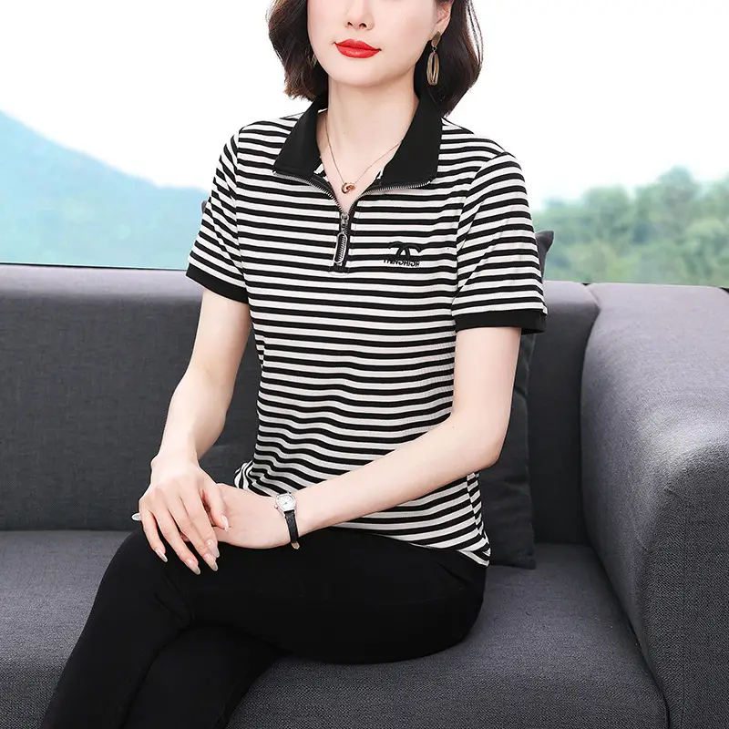 Women Striped Polo Collar Top Large 2023 - Image 2