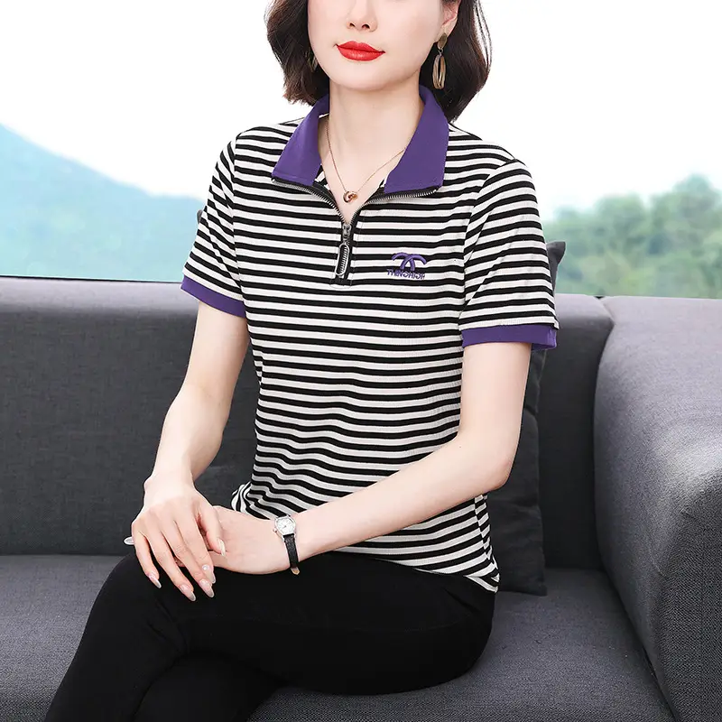 Women Striped Polo Collar Top Large 2023 - Image 3