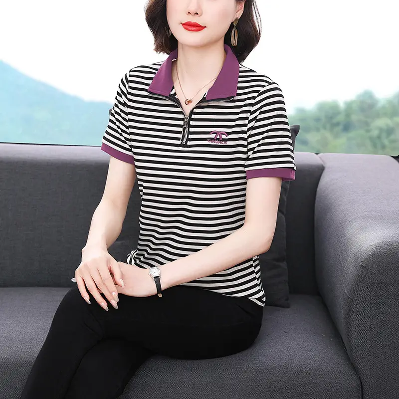 Women Striped Polo Collar Top Large 2023 - Image 4