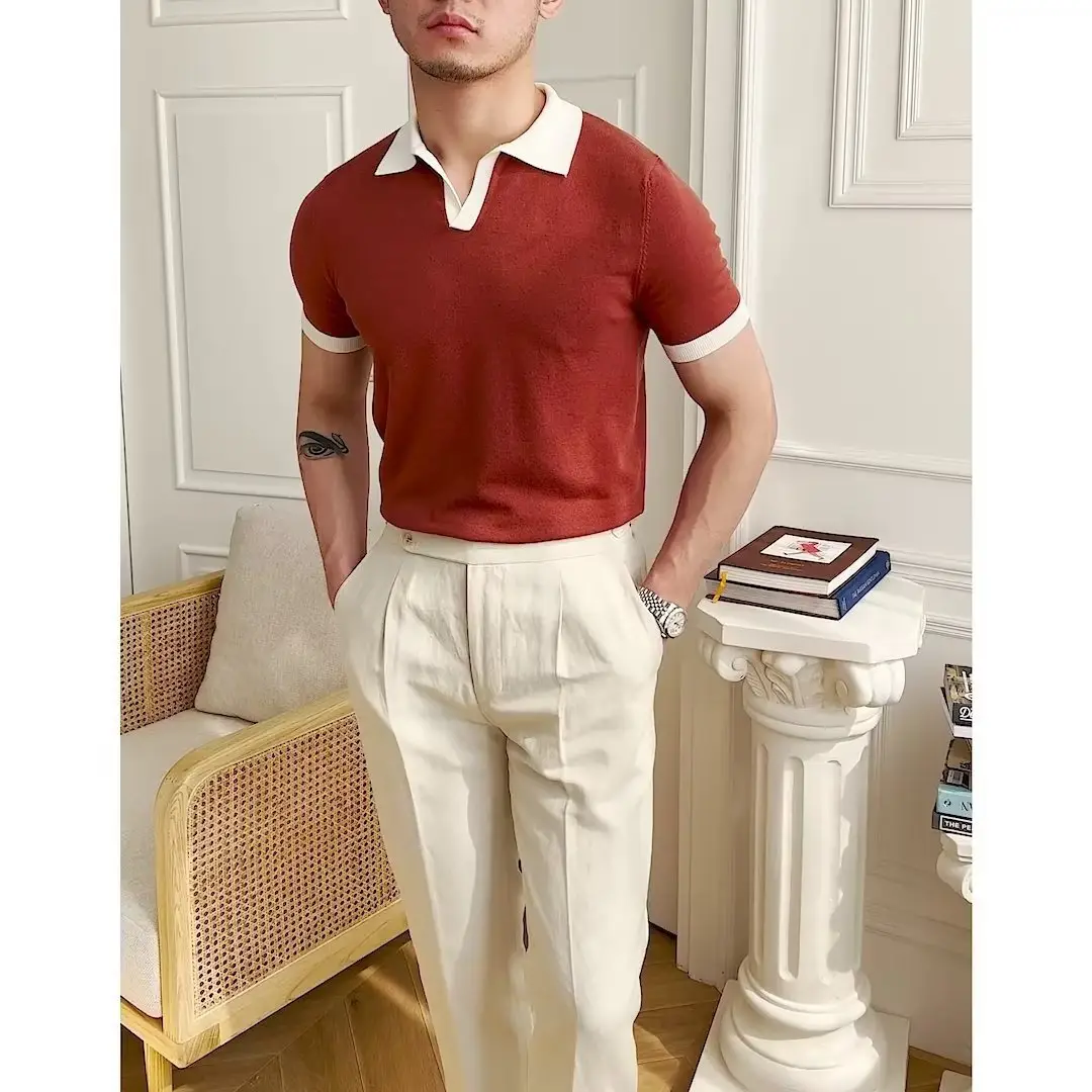Men's Red Polo Shirt White Pants 2025 Summer - Image 6