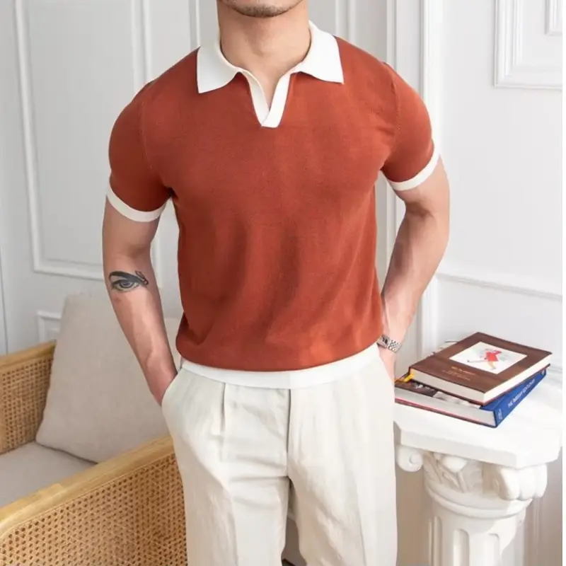 Men's Red Polo Shirt White Pants 2025 Summer - Image 3