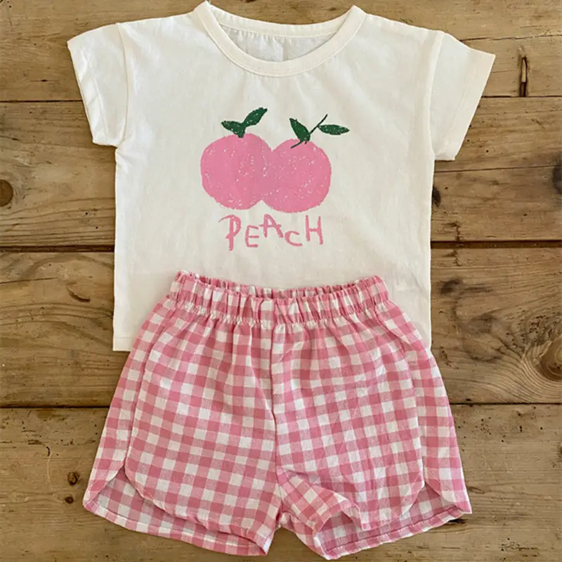 2025 Korean Baby Fruit Apples Cotton Suit Red Checkered Shorts - Image 8