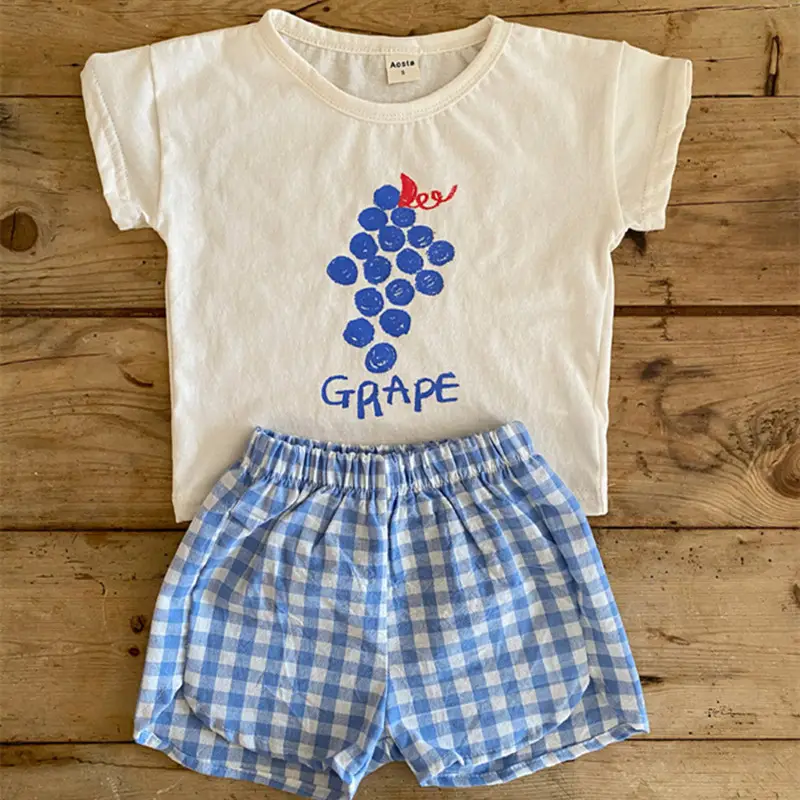 2025 Korean Baby Fruit Apples Cotton Suit Red Checkered Shorts - Image 9