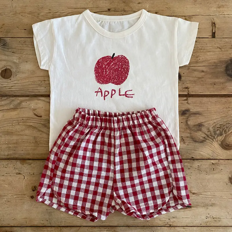 2025 Korean Baby Fruit Apples Cotton Suit Red Checkered Shorts — feature 10