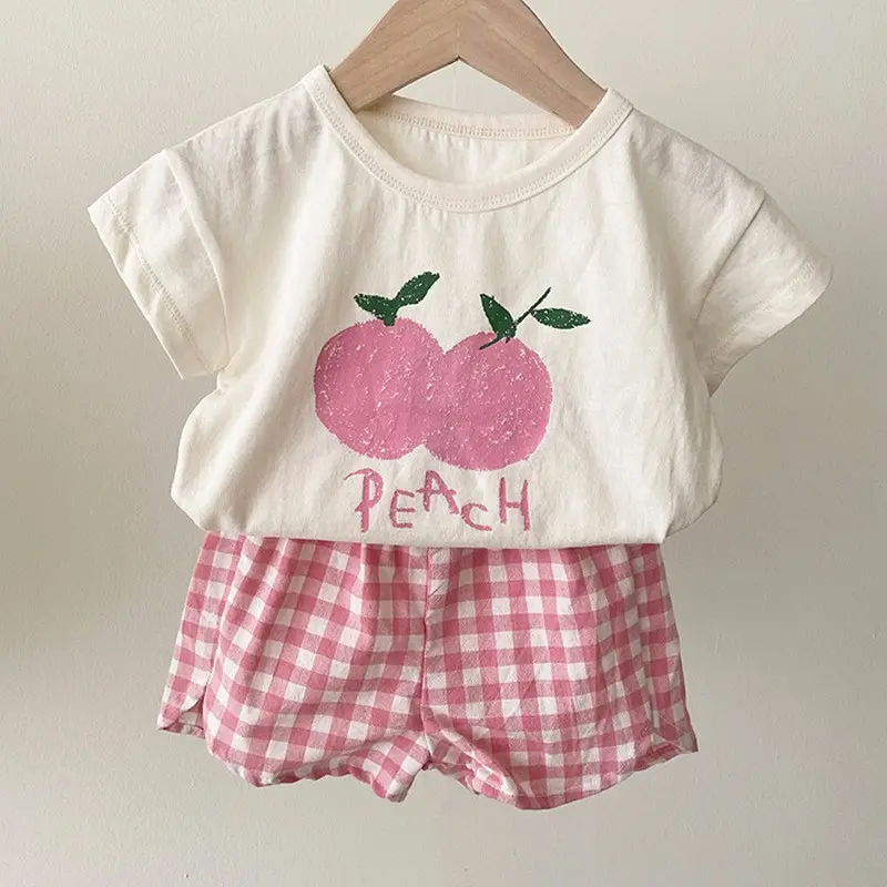 2025 Korean Baby Fruit Apples Cotton Suit Red Checkered Shorts — feature 12