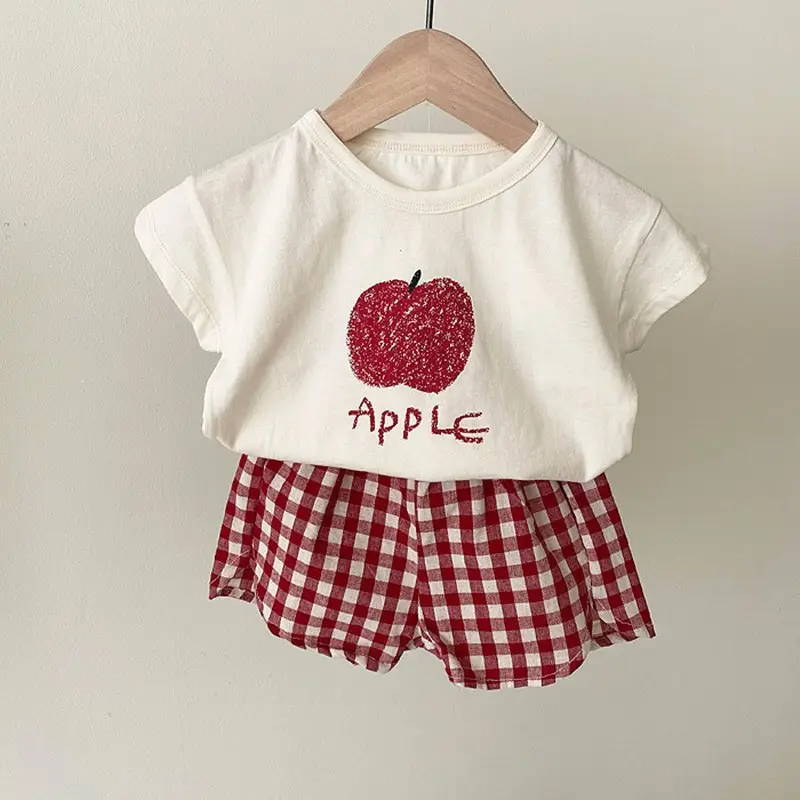 2025 Korean Baby Fruit Apples Cotton Suit Red Checkered Shorts — feature 15