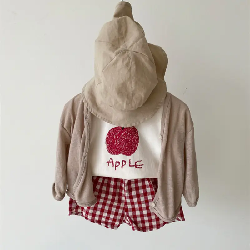 2025 Korean Baby Fruit Apples Cotton Suit Red Checkered Shorts — feature 4