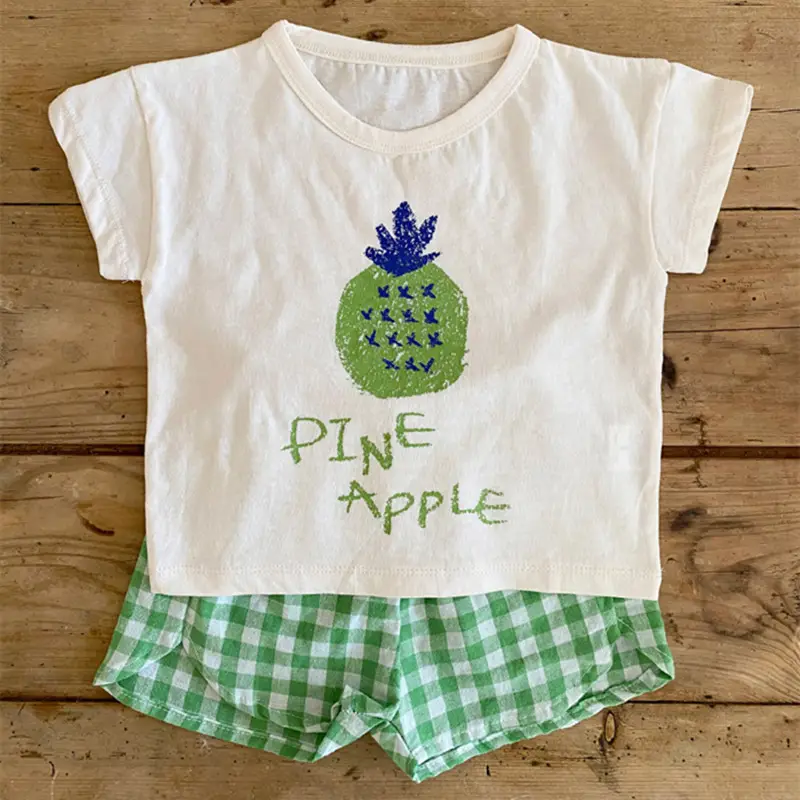 2025 Korean Baby Fruit Apples Cotton Suit Red Checkered Shorts — feature 6
