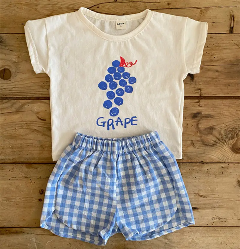 2025 Korean Baby Fruit Apples Cotton Suit Red Checkered Shorts — feature 7