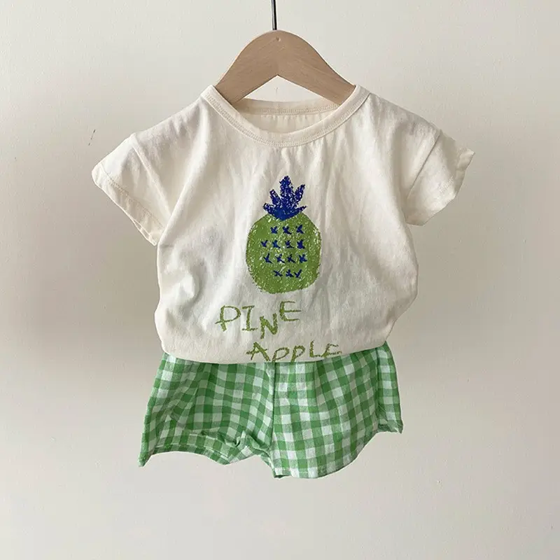 2025 Korean Baby Fruit Apples Cotton Suit Red Checkered Shorts - Image 4