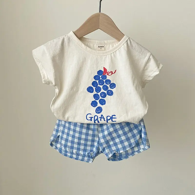 2025 Korean Baby Fruit Apples Cotton Suit Red Checkered Shorts - Image 5