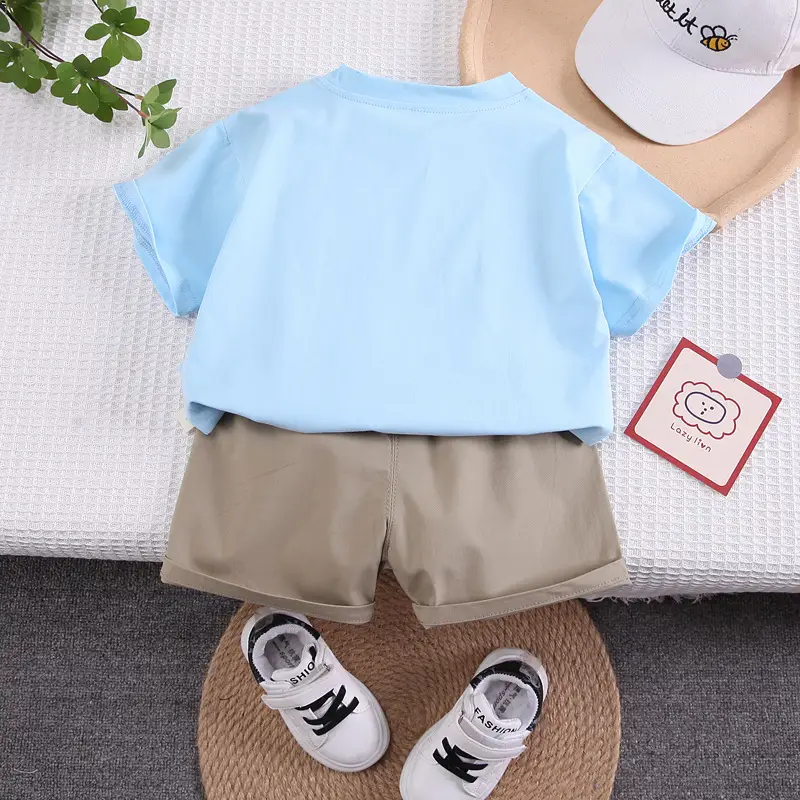 Kids Cartoon Print Short Sleeve T-Shirt Set Brown Shorts