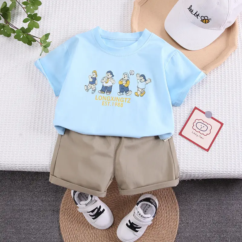 Kids Cartoon Print Short Sleeve T-Shirt Set Brown Shorts