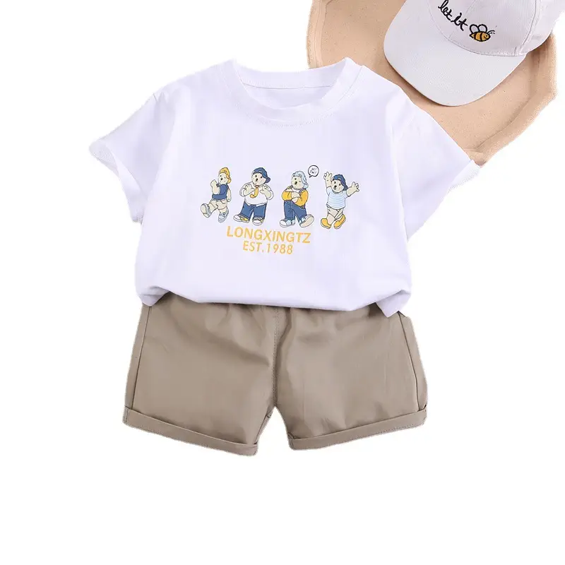 Kids Cartoon Print Short Sleeve T-Shirt Set Brown Shorts