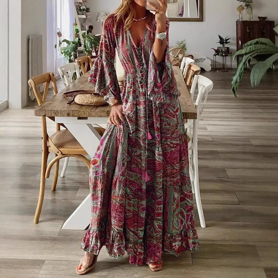 2023 Bohemian Flare Sleeve V-Neck High Waist Dress