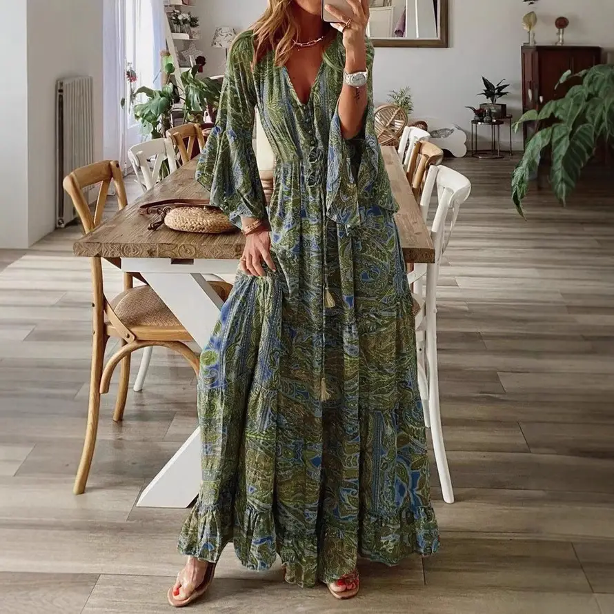 2023 Bohemian Flare Sleeve V-Neck High Waist Dress