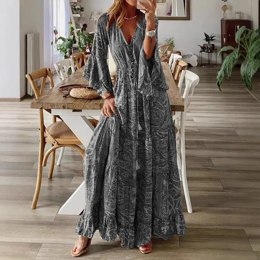2023 Bohemian Flare Sleeve V-Neck High Waist Dress