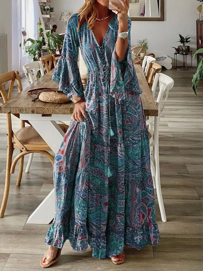 2023 Bohemian Flare Sleeve V-Neck High Waist Dress