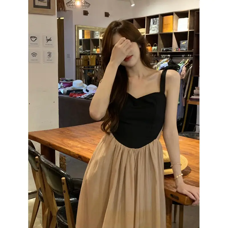 French Retro Sling Dress Women Summer Black Top Beige Skirt
