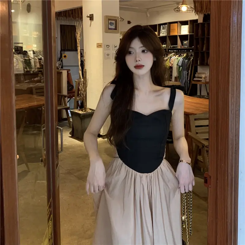 French Retro Sling Dress Women Summer Black Top Beige Skirt