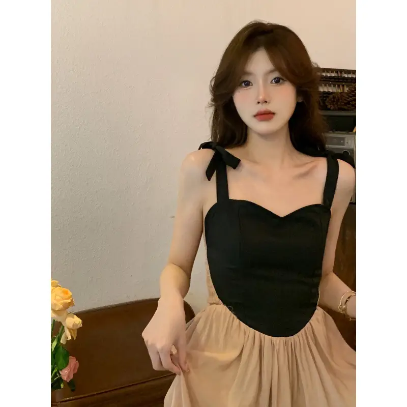 French Retro Sling Dress Women Summer Black Top Beige Skirt