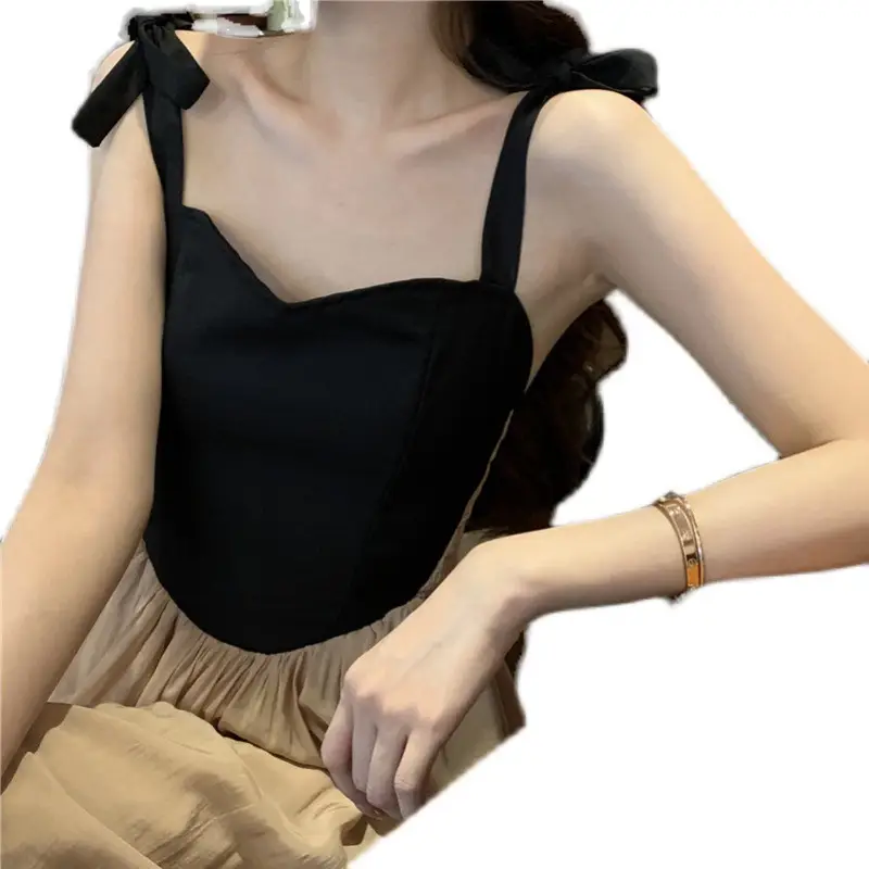 French Retro Sling Dress Women Summer Black Top Beige Skirt