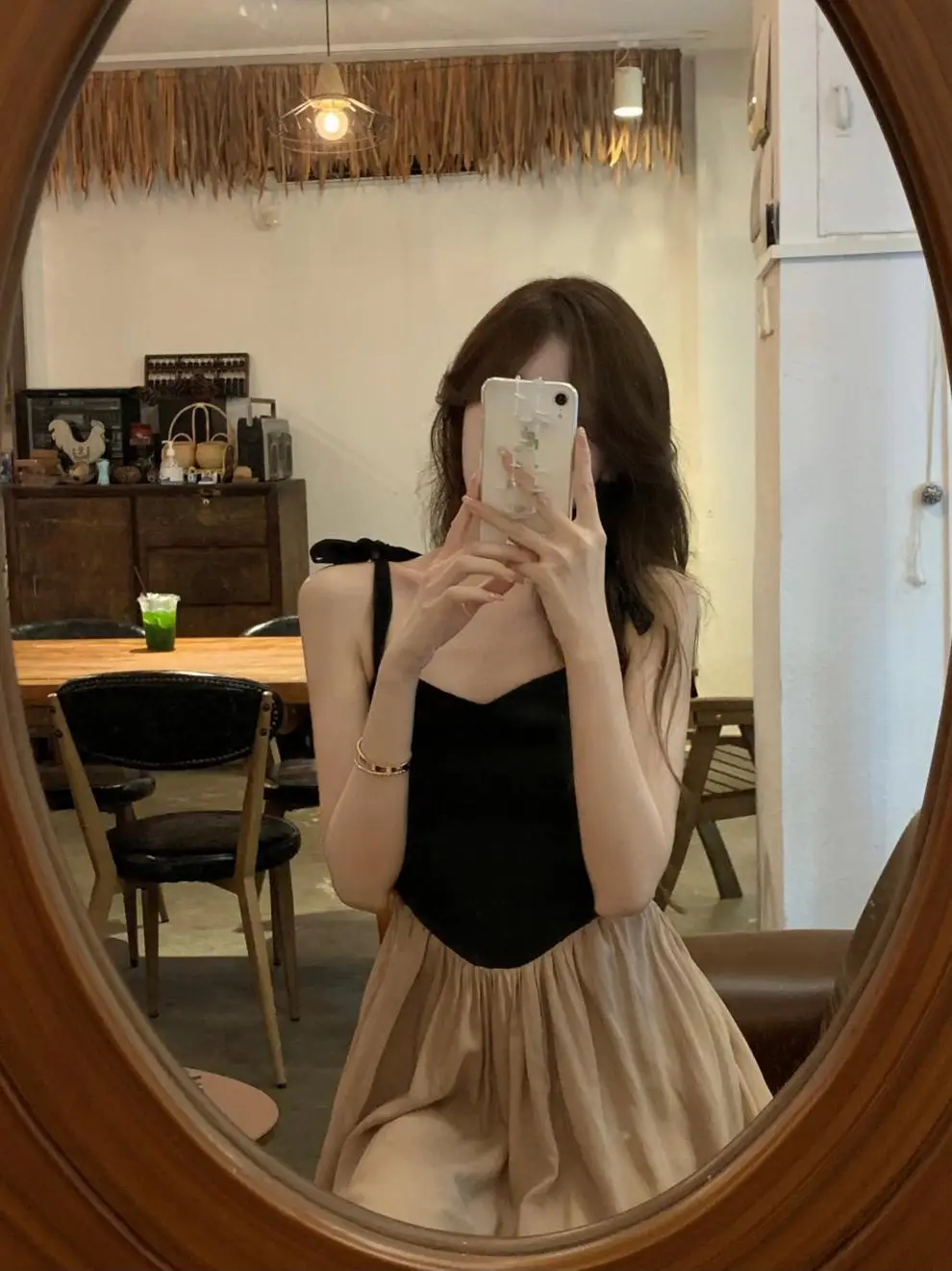 French Retro Sling Dress Women Summer Black Top Beige Skirt — feature 3
