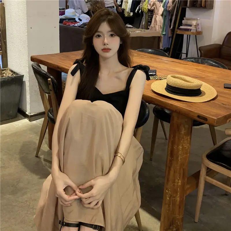 French Retro Sling Dress Women Summer Black Top Beige Skirt — feature 5