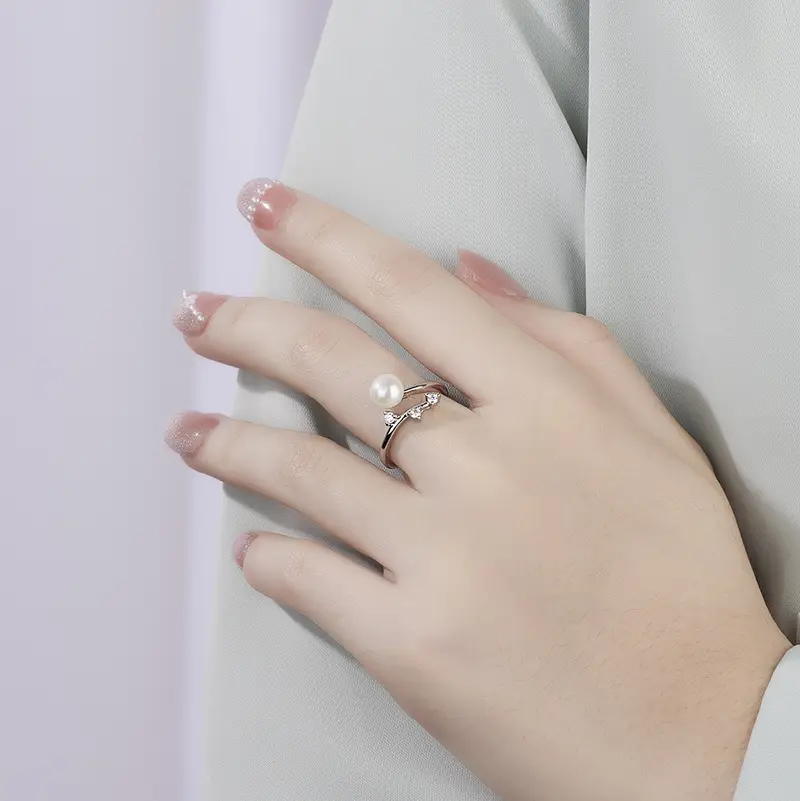 Korean Pearl Zircon Open Ring for Women - Image 3