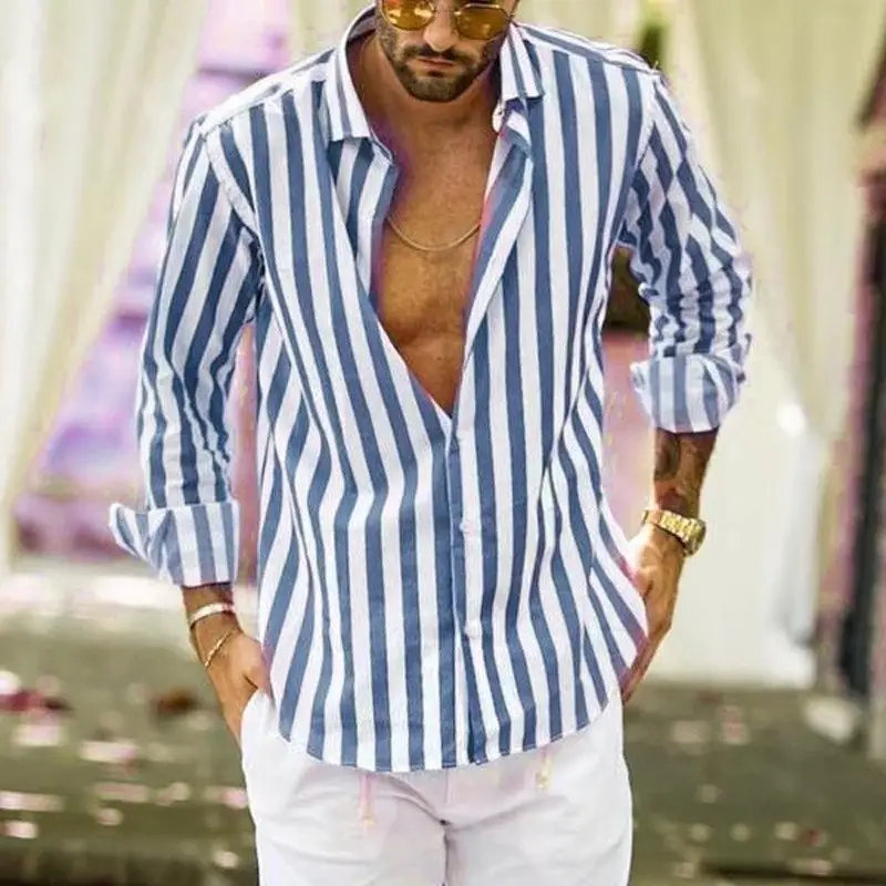 Men Striped Long Sleeve Lapel Shirt Navy White - Image 10