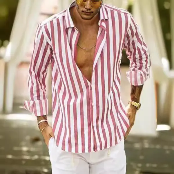Men Striped Long Sleeve Lapel Shirt Navy White - Image 11